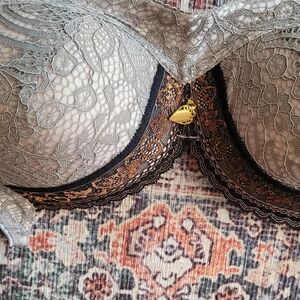 Lace Underwire Bra in Light Gray with Black Trim and Gold Charm